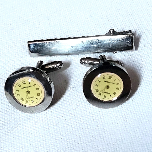 NEW Cufflinks: *London Watch - Clock* with Tie Bar! Stainless Steel. Bullet Back - Picture 3 of 5